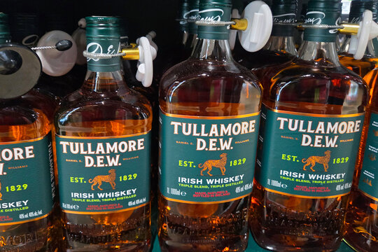Wroclaw, Poland, March 14, 2026: Bottles of Tullamore D.E.W. Irish Whiskey for St. Patrick's Day Celebrations and Bar Decorations