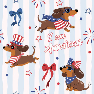 Cute patriotic dachshund seamless pattern with American flag outfit stars bows fireworks and playful sausage dogs celebrating fourth of july holiday