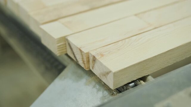 Detailed shot of lumber boards stacked together with a shallow depth of field and a blurred carpenter working in the background