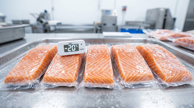 Fresh raw salmon fish fillet vacuum sealed with digital thermometer showing frozen temperature