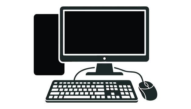 Desktop computer system icon vector graphic with monitor keyboard mouse and tower on transparent background.
