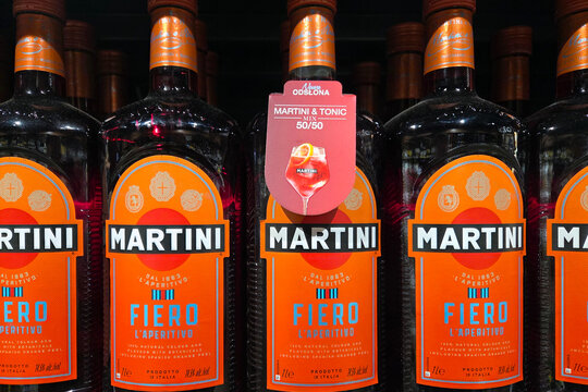 Wroclaw, Poland, March 14, 2026: Martini Fiero Aperitivo Bottles on Display for Retail Marketing and Brand Promotion