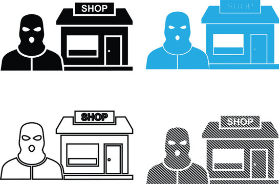 Robber in balaclava mask with shop icons vector illustration.