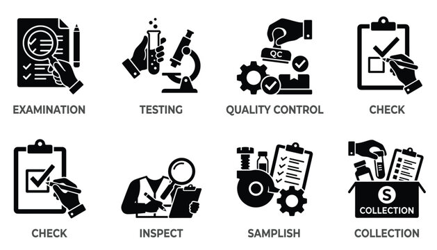 Eight black icons for laboratory and quality control processes examination testing samples collection on transparent.