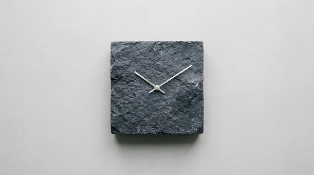 Stone square clock face featuring textured slate and silver hands on a neutral background. This minimalist design emphasizes precision. Ideal for professional time management marketing.