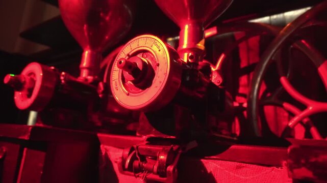 Detailed view old-fashioned industrial equipment bathed dramatic red illumination. Complex mechanical components, including grinding dial, metal wheels, funnels, prominent, creating powerful, moody sc