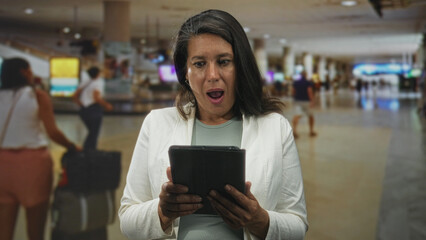 Middle age hispanic woman holding tablet with both hands, mouth open while reading screen at crowded airport terminal  surprise. © Krakenimages.com