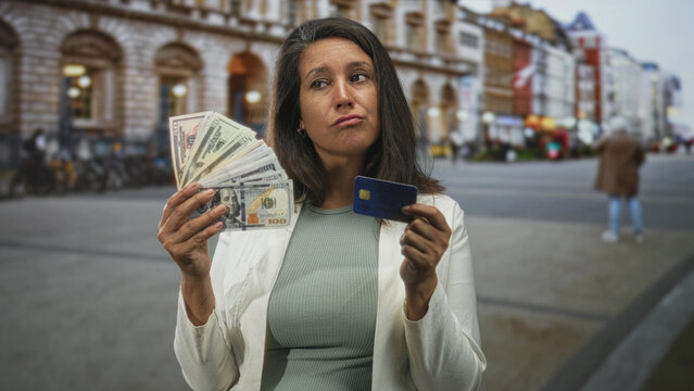 Woman holding fan of us dollars and a blue creditcard, hand showing money, neutral expression, standing by ornate building on a city street; confidence.