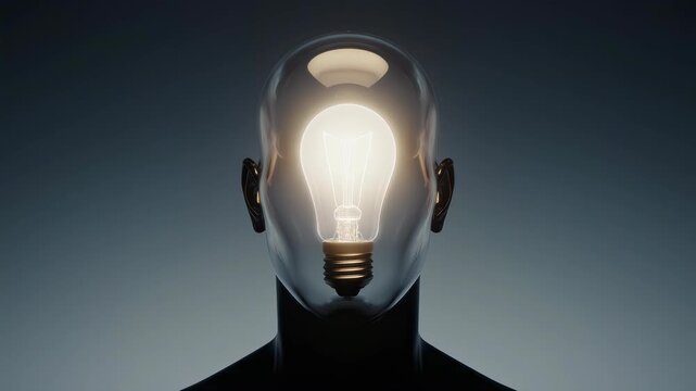 A person's head with a glowing light bulb.