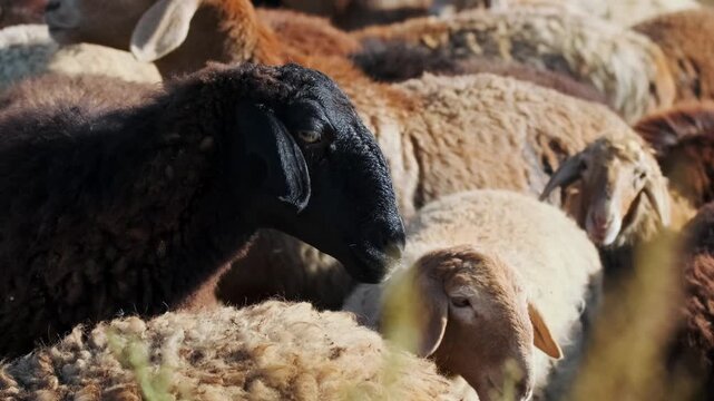 Close-up of sheep and rams in dense herd, detailed wool texture and livestock grouping in rural farm environment, natural farming conditions and traditional pastoral agriculture scene