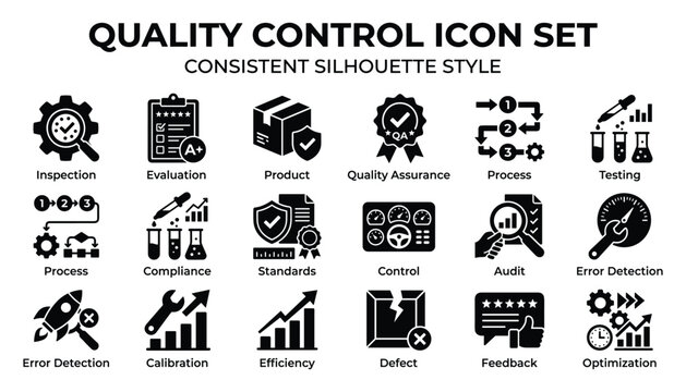 Quality control icon set vector illustration consistent silhouette style for inspection evaluation product process audit.