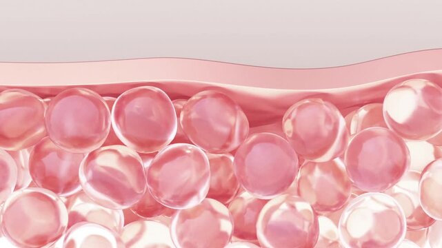 Essence penetrates deep skin layers, activates cell regeneration, lifts sagging skin, removes facial wrinkles. Pink cells concept for skin care beauty. Cosmetic ad, 3D animation.