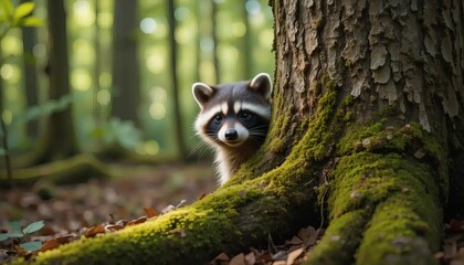 Fototapeta premium Curious Raccoon Peeking Behind Mossy Tree in Enchanted Forest