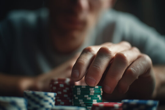 Casino gambling addiction risky bet hands placing chips on roulette table tension and loss concept