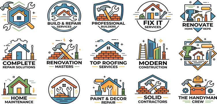 House repair and construction logo templates set with building tools maintenance services and renovation vector icons