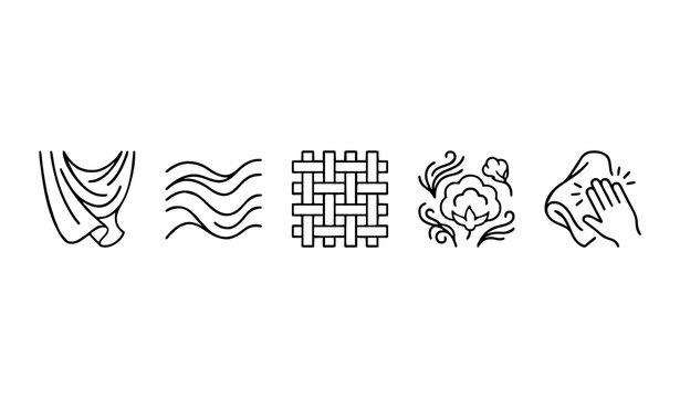 Textile and fabric care icon set with draped cloth wavy silk texture woven material cotton plant and hand cleaning surface