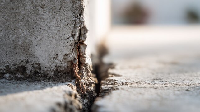 Close-up of a concrete crack at a joint showing concrete deterioration and separation indicating need for crack repair and maintenance.