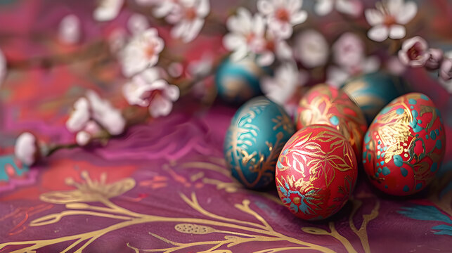 Colorful easter eggs with floral patterns on purple fabric
