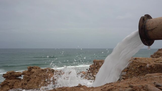 Large rusty industrial pipe discharging a high-volume stream of water onto a rocky ocean coastline. Perfect B-roll for environmental impact, coastal erosion, wastewater, and desalination outfalls.