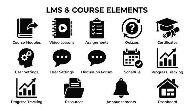 Set of LMS and course elements vector icons on transparent background, black silhouette for e-learning user interface.