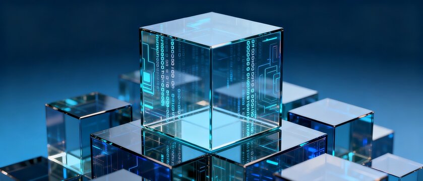 Glowing Futuristic Glass Cubes With Digital Data Elements