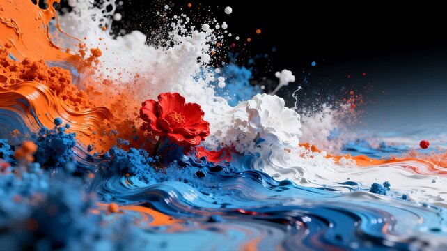 Vibrant Paint Splash with Red Flower Abstract Artwork