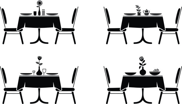 Black Silhouette Restaurant Dining Table and Chair Set with Flowers and Tableware for Food and Interior Design Elements