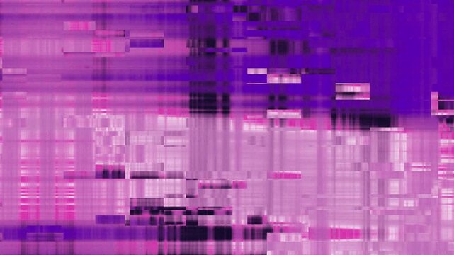 Vibrant digital glitch in pink and purple hues dominates the frame. Abstract distortion creates a dynamic or seamless neon glowing tech pattern, energetic visual effect. Ideal for tech, gaming.