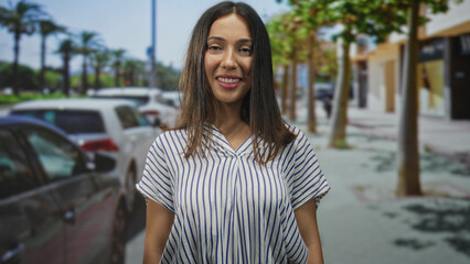 Fototapeta premium Hispanic woman with eyes closed and face forward, slight smile on street with parked cars and storefronts; mindful serenity.