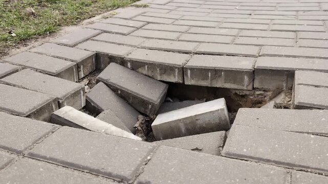 Close up view damaged grey paved walkway, concrete tiles collapse into deep hole, exposing earth beneath. Surrounding pavement uneven and cracked, structural failure pedestrian path near grassy area, 