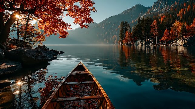 Peaceful wooden canoe floating among vibrant autumn foliage images