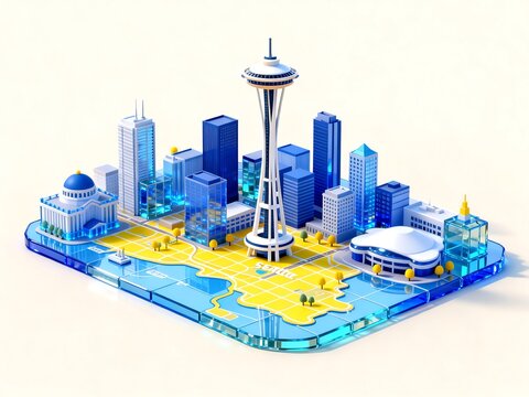 Miniature Isometric Seattle Cityscape with Space Needle