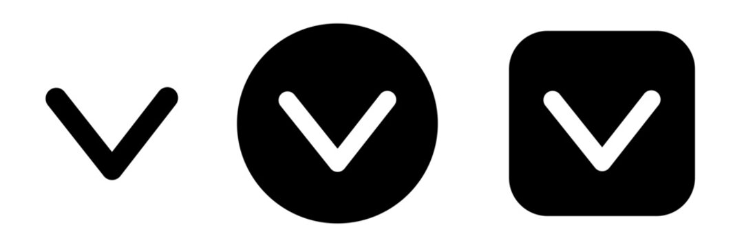 Chevron down icon set in button style with downward arrow symbol. Expand, scroll down and dropdown menu icons for app and web interface, UI controls and navigation actions