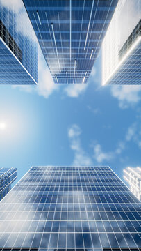 3D rendering of skyscrapers. Glass facades and contemporary high-rise architecture create urban skyline. Emphasize city growth and construction design. Focused on metropolitan living, infrastructure.