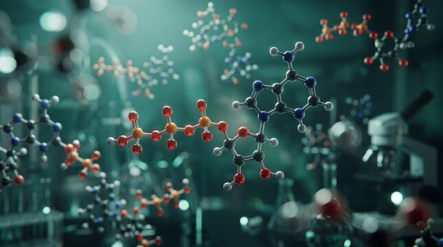 Intricate molecular structures and chemical bonds rendered in a hyperrealistic 3d style illuminated by dramatic volumetric lighting showcasing the complexity of organic