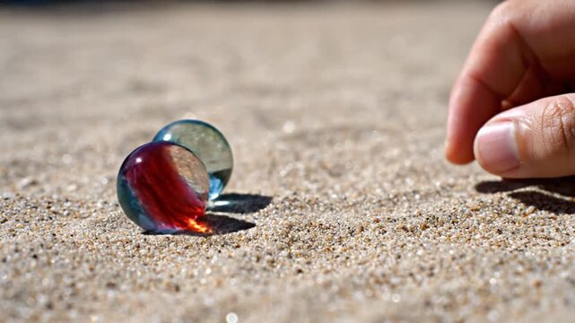 Close-up of a child's hand reaching towards two colorful glass marbles resting on finely raked sand, evoking memories of classic childhood games and simple summer fun