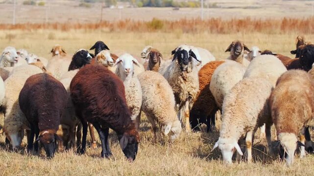 Large mixed flock of sheep and rams grazing tightly together in dry pasture, diverse colors and textures in livestock herd with depth perspective in open rural farming landscape