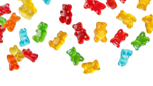 Colorful jelly gummy bears falling from top, isolated background