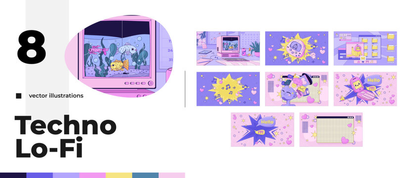 Lofi Y2K nostalgia aesthetic illustration pack. CRT computer aquarium. Retro virtual pet. 2000s desktop. Flip phone. Lo Fi art. 2D flat wallpaper nostalgic backgrounds. Vector cartoon image collection