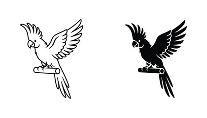 Cockatoo parrot perched on a branch vector icon set with outline and solid black silhouette styles for tropical wildlife design © Purely