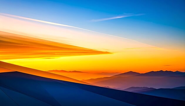Vibrant sunset over layered mountain ranges with warm orange and cool blue hues, pixelated effect creating a digital landscape