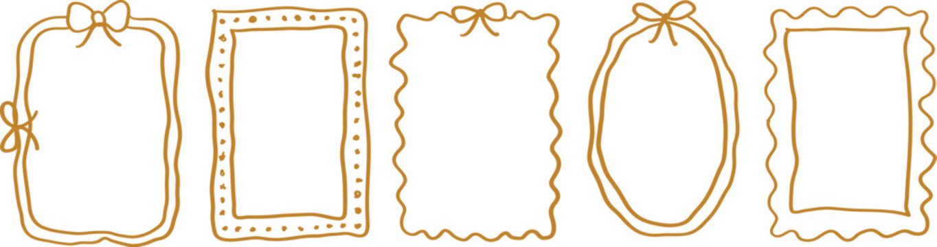 Set of five hand-drawn golden doodle frames with bows, wavy edges, and dotted patterns on a white background, for decorative layouts