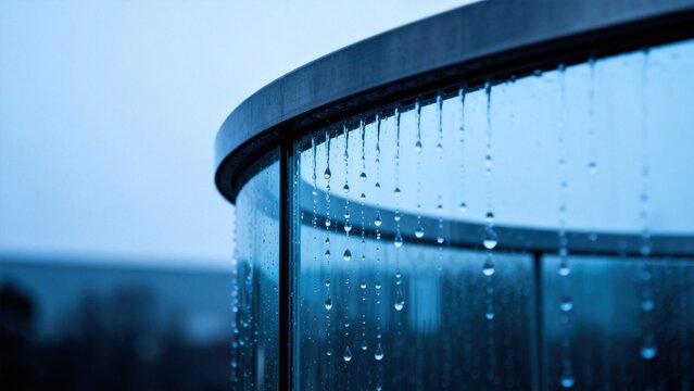 Raindrops on curved glass window
