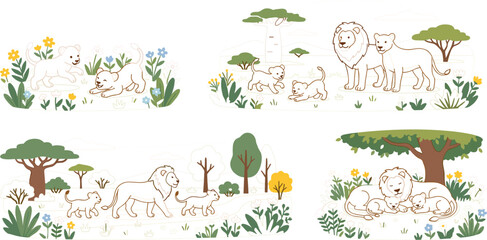 PrintCute lion family vector illustration set with playful cubs and safari landscape scenes, adorable wild animal collection isolated on light background © MstKhyrun