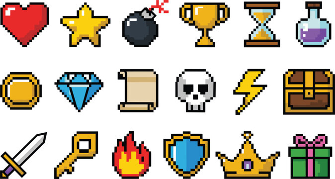 Pixel art game icons set including heart star bomb trophy hourglass potion treasure