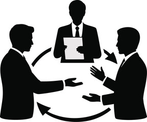 Fototapeta premium Businessmen collaborating in a meeting with circular arrows indicating teamwork and communication in vector illustration style