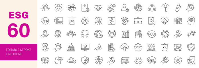 Naklejka premium ESG icon set. Environmental, Social, and Governance icon collection. Editable line icons. Vector illustration.