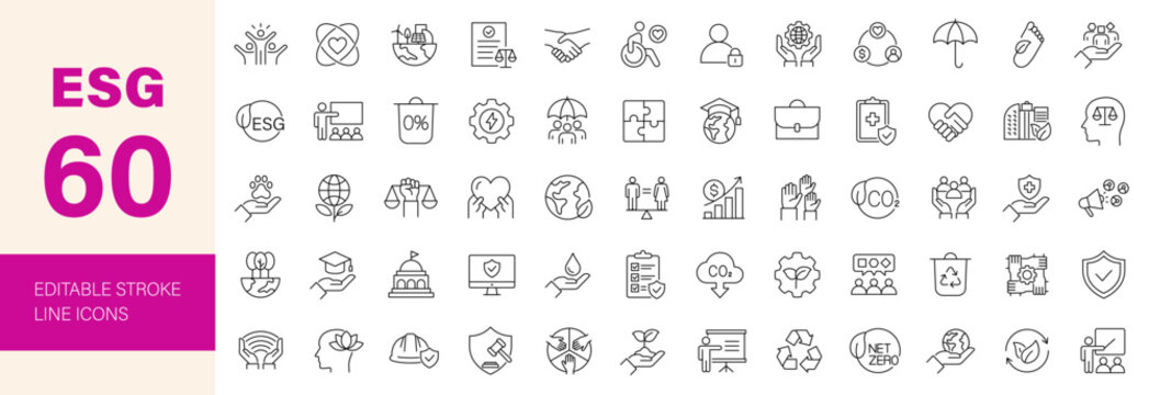ESG icon set. Environmental, Social, and Governance icon collection. Editable line icons. Vector illustration.