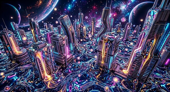 Surreal Melting Futuristic City in Deep Space