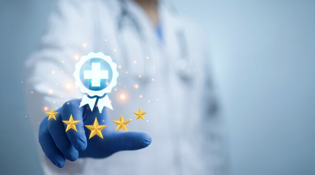 Healthcare quality evaluation concept with physician highlighting top level medical service.